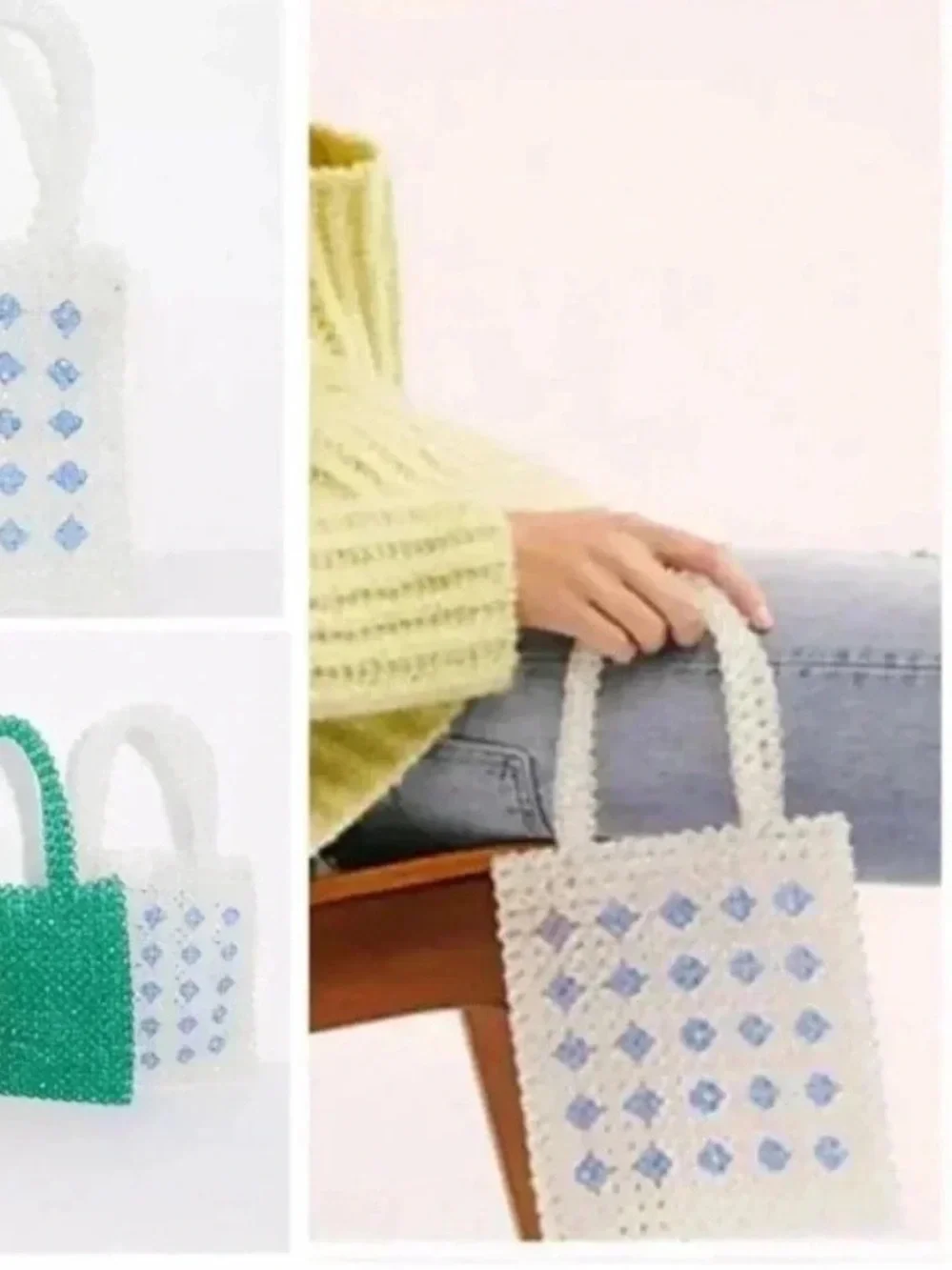 Free People Womens Clear And Blue Beaded Small Tote Bag NWT Purse